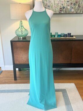 Boston Proper Teal/Aqua Maxi Dress | Double Slit | Minimalist Column | XXS